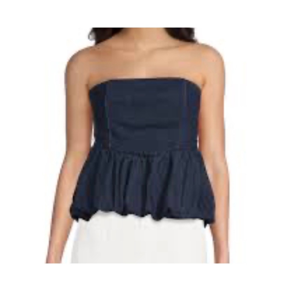 GB Denim Strapless Bubble Hem Peplum Smocked Back Top Y2K Womens Large Blue